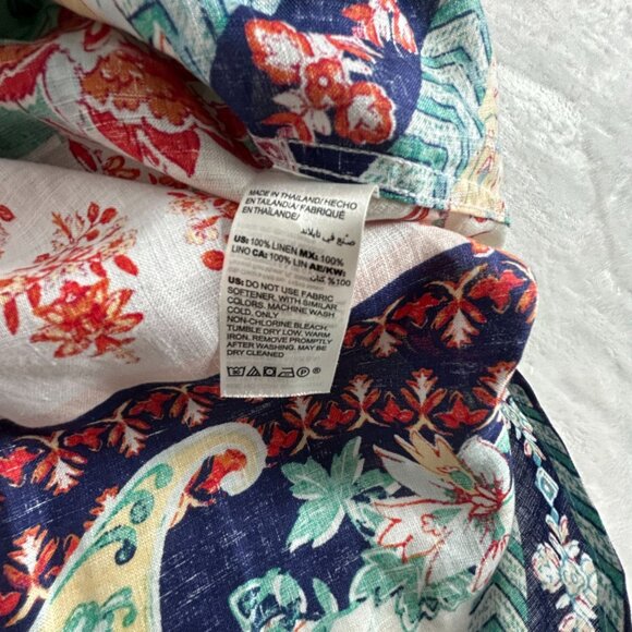 Chico's Green Red Paisley Floral Linen 3/4 Sleeve Button-Up No-Iron Shirt Size 2 - Picture 4 of 7